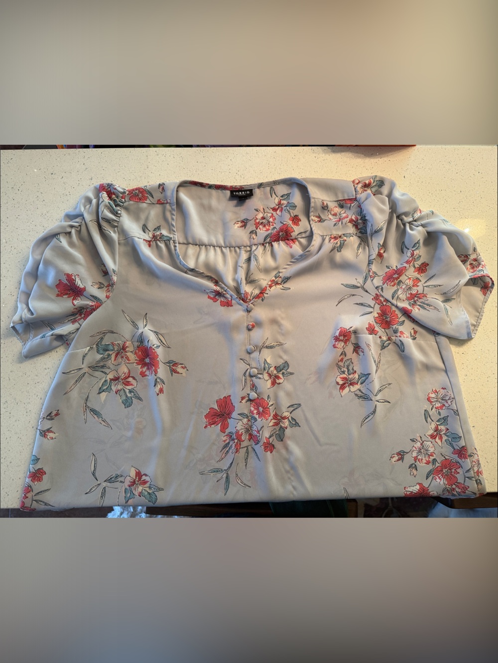 torrid Light Blue Floral Puff Sleeve Blouse with Coral Accents